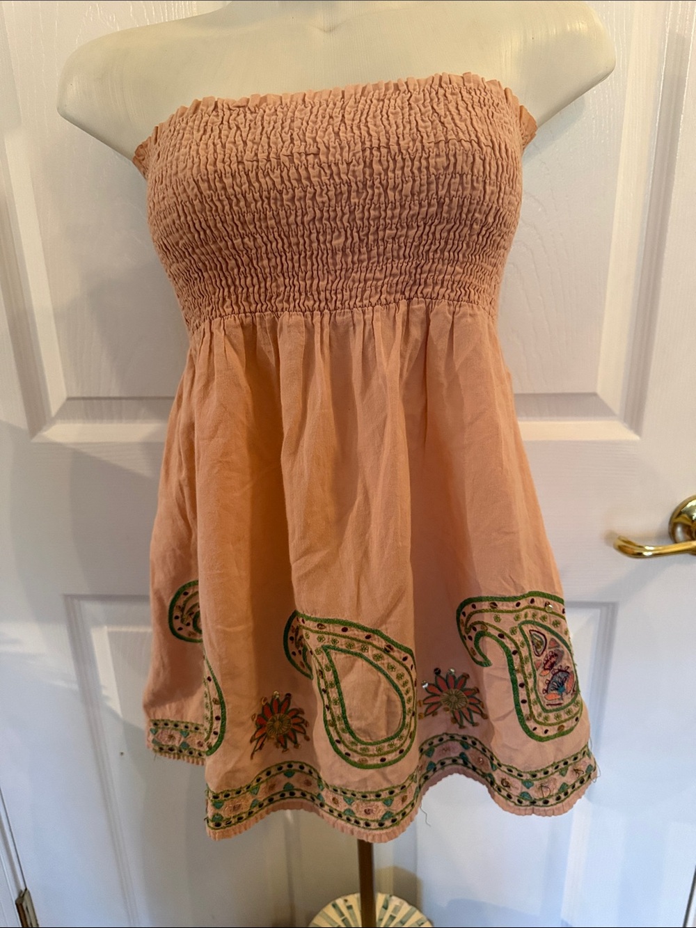 Strapless Peach Embroidered Summer Dress